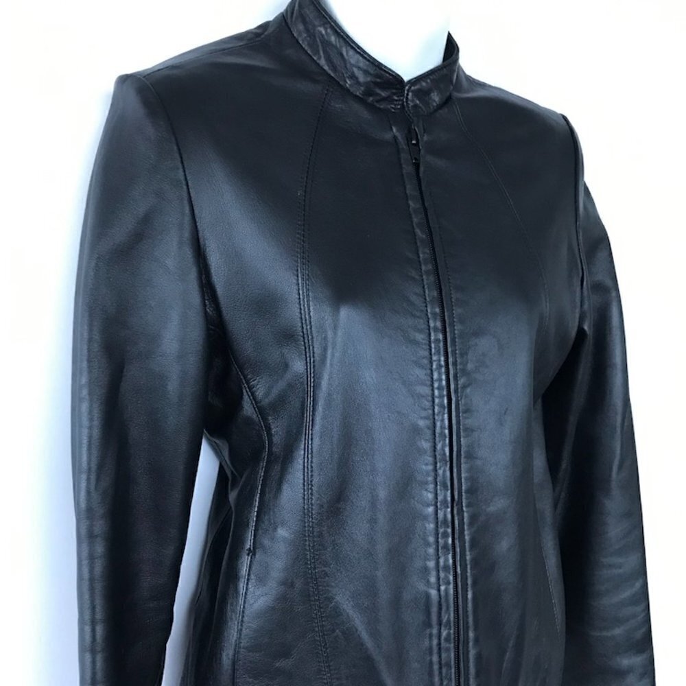 BOGATO, women's black leather jacket, fitted moto jacket, all-season small/med